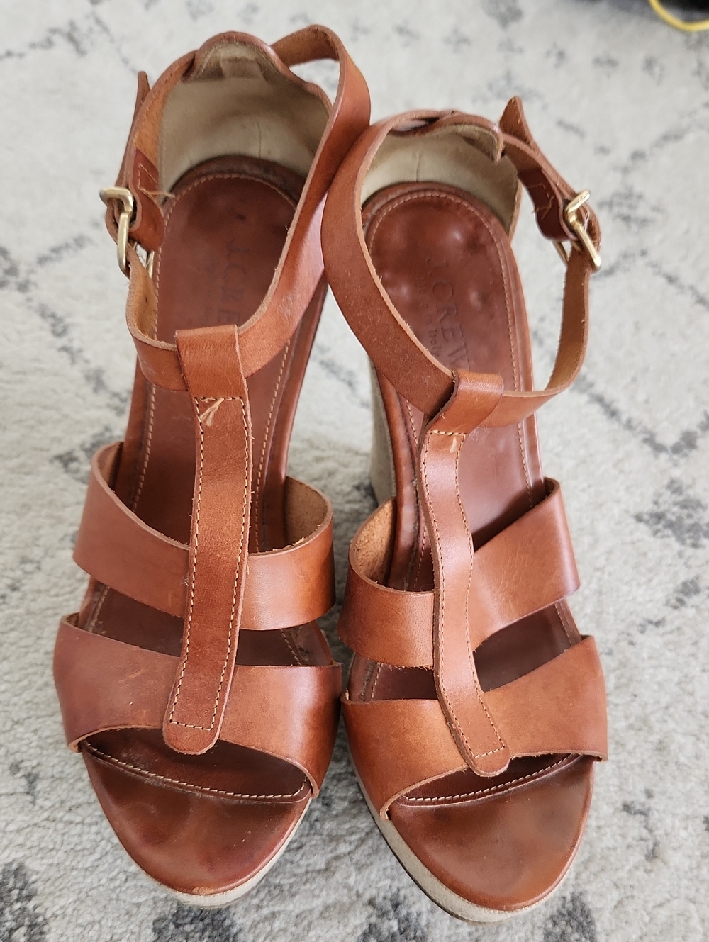 J CREW Women’s Brown Cognac Leather T-Strap Sandal